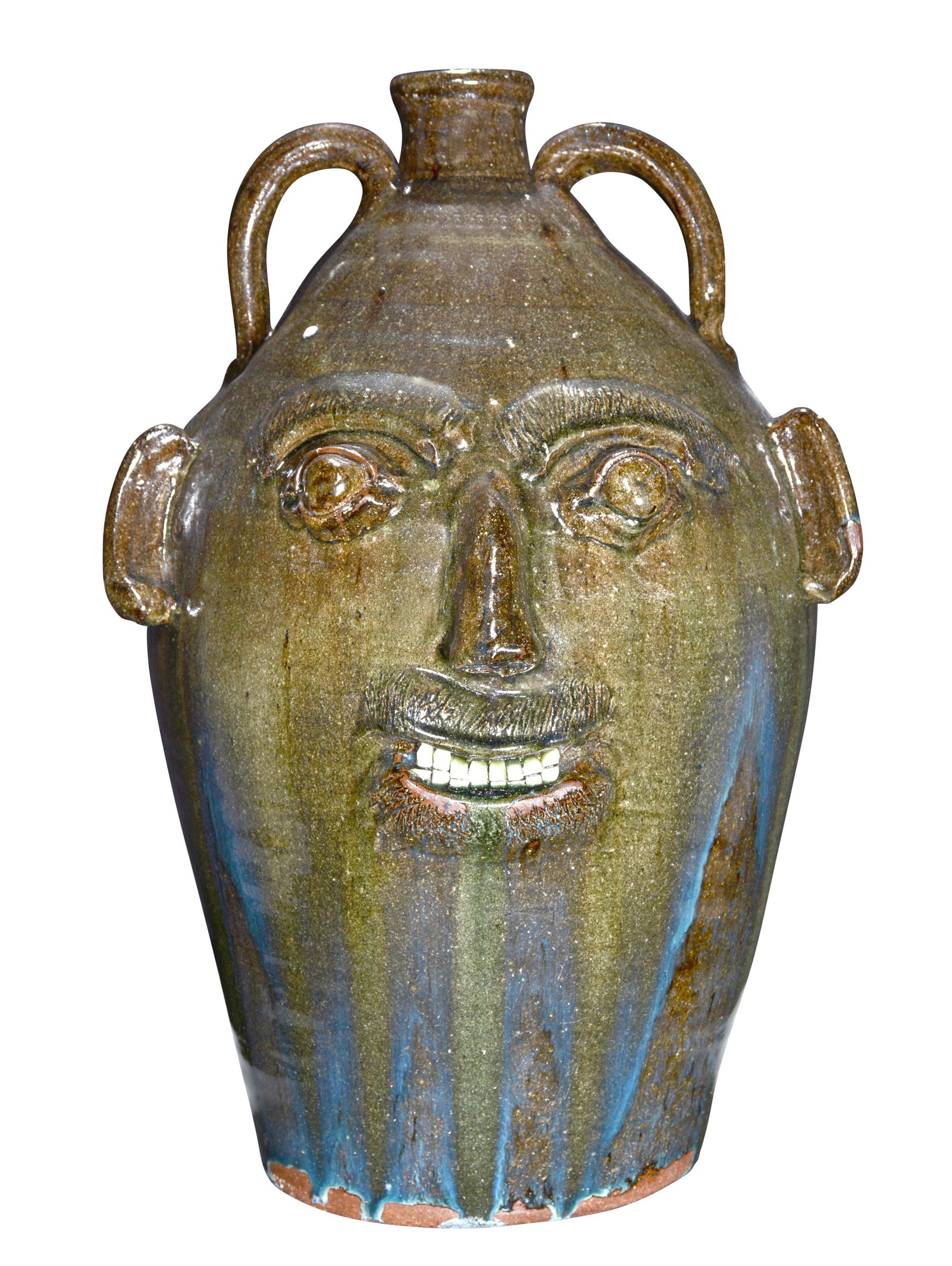 B.B. Craig. Monumental 6-8 Gallon Face Jug With Blue Routille Drips.: B.B. Craig. Monumental 6-8 Gallon Face Jug With Blue Routille Drips. Stamped 2 times on bottom. Hand dug clay with quartz coming through ash glaze and routille drips. Double row china teeth. Early exa