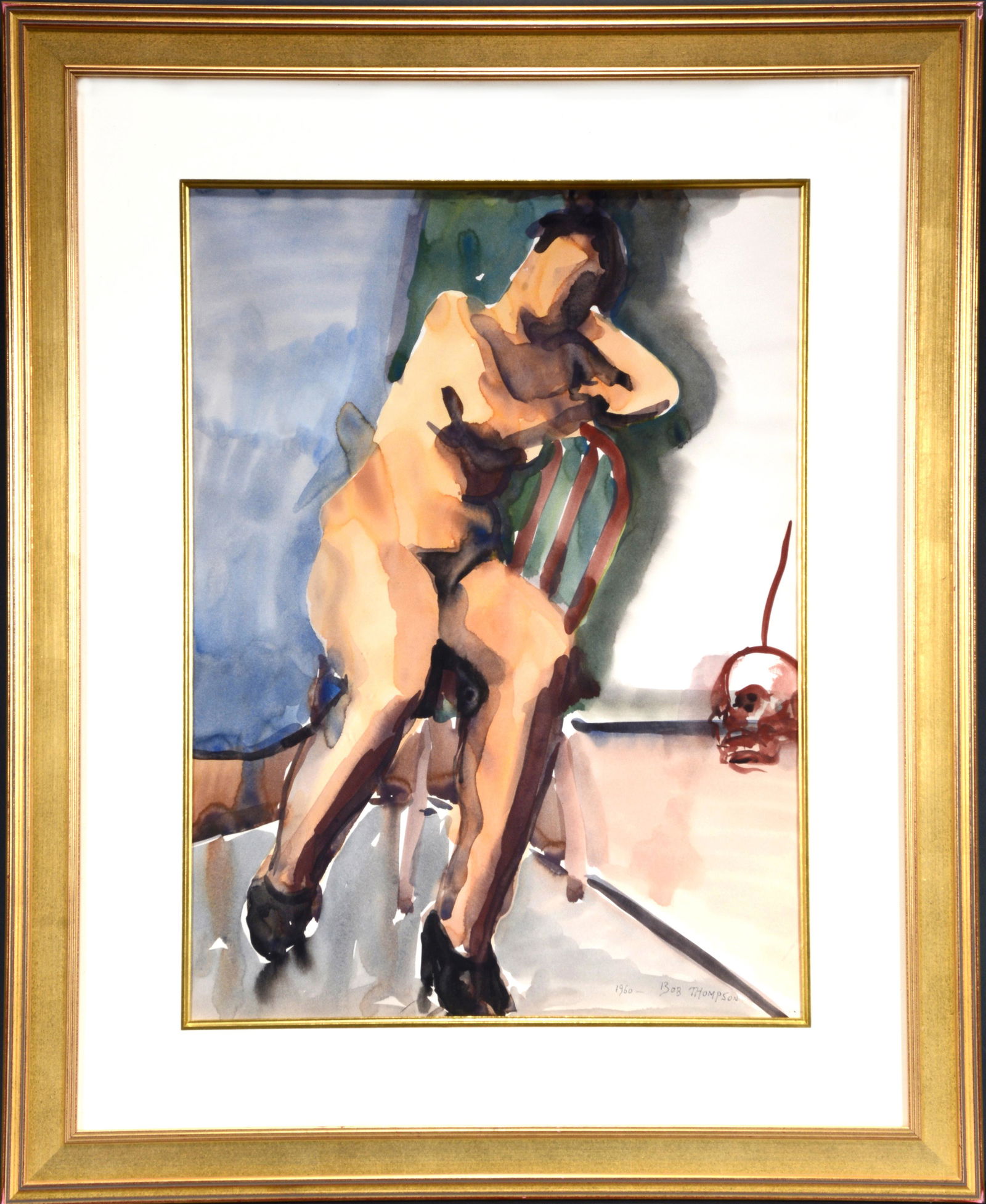 Bob Thompson. Study Of A Nude.: Bob Thompson. Study Of A Nude. 1960. Signed and dated. Watercolor on artist paper. Excellent condition. Image is 17" w x 23" h. Frame is 26" w x 32.5" h. Est. $4,000-6,000. Ship: $85