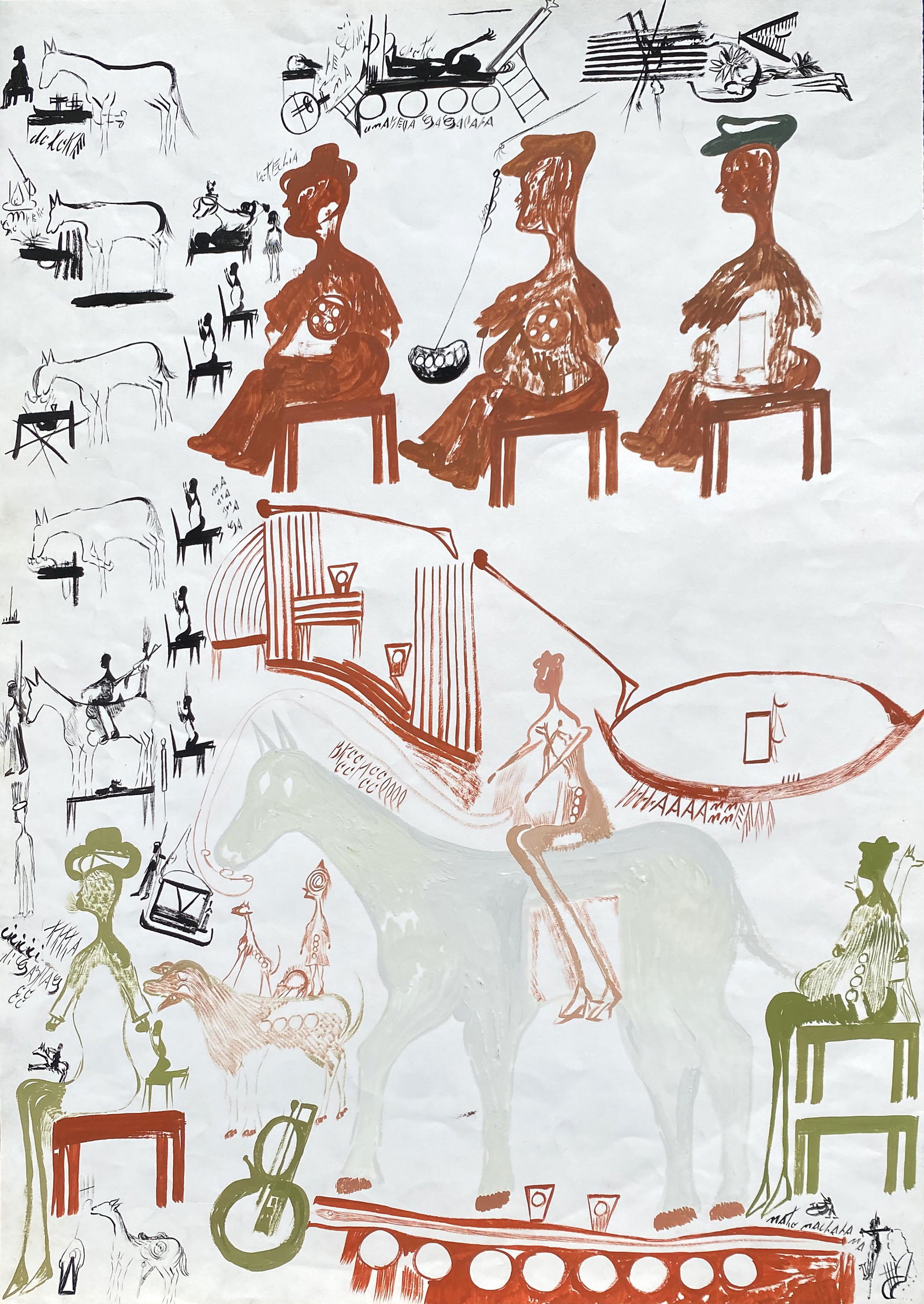 Carlo Zinelli. Man on White Horse & Symbolic Images Dbl-Sided Painting. (1 of 16)