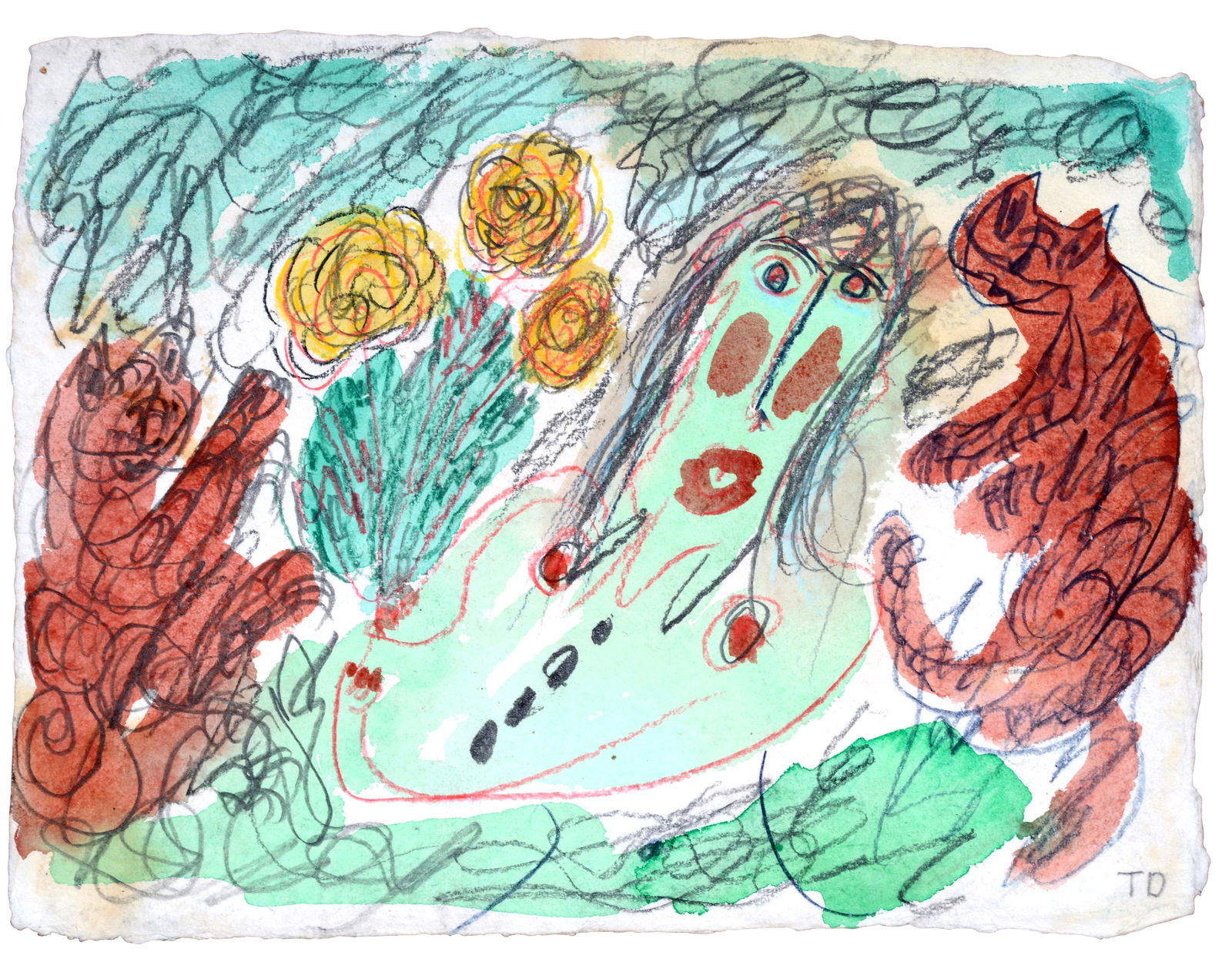 Thornton Dial. Nude With Two Jungle Cats.: Thornton Dial. Nude With Two Jungle Cats. Initialed. Watercolor and graphite on artist rag paper. Excellent condition. 13" x 9.5". Frame is 20" x 16". Est. $1,000-2,000. Ship: $45