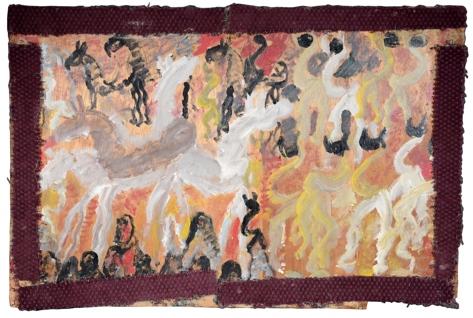 Purvis Young. Wild Horse Round-Up.: Purvis Young. Wild Horse Round-Up. Paint on found panel with carpet remnant frame. Great condition. 48"w x 33"h. Est. $1,000-2,000. Ship: $200