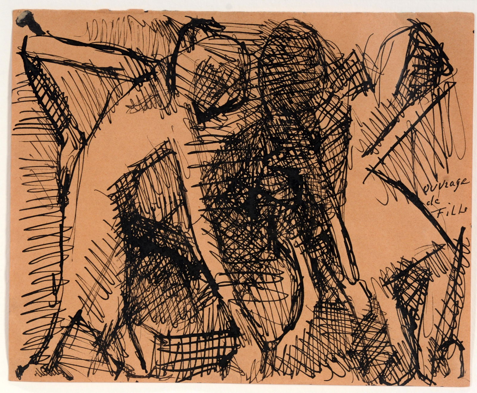 Louis Soutter. Ouvrage de Fille.: Louis Soutter. Ouvrage de Fille. Titled, not signed or dated. India ink on paper. Image is 8.5" w x 7". Frame is 21" w x 18" h. Provenance: Samuel Farber Collection. Est. $4,000-6,000. Ship: $55