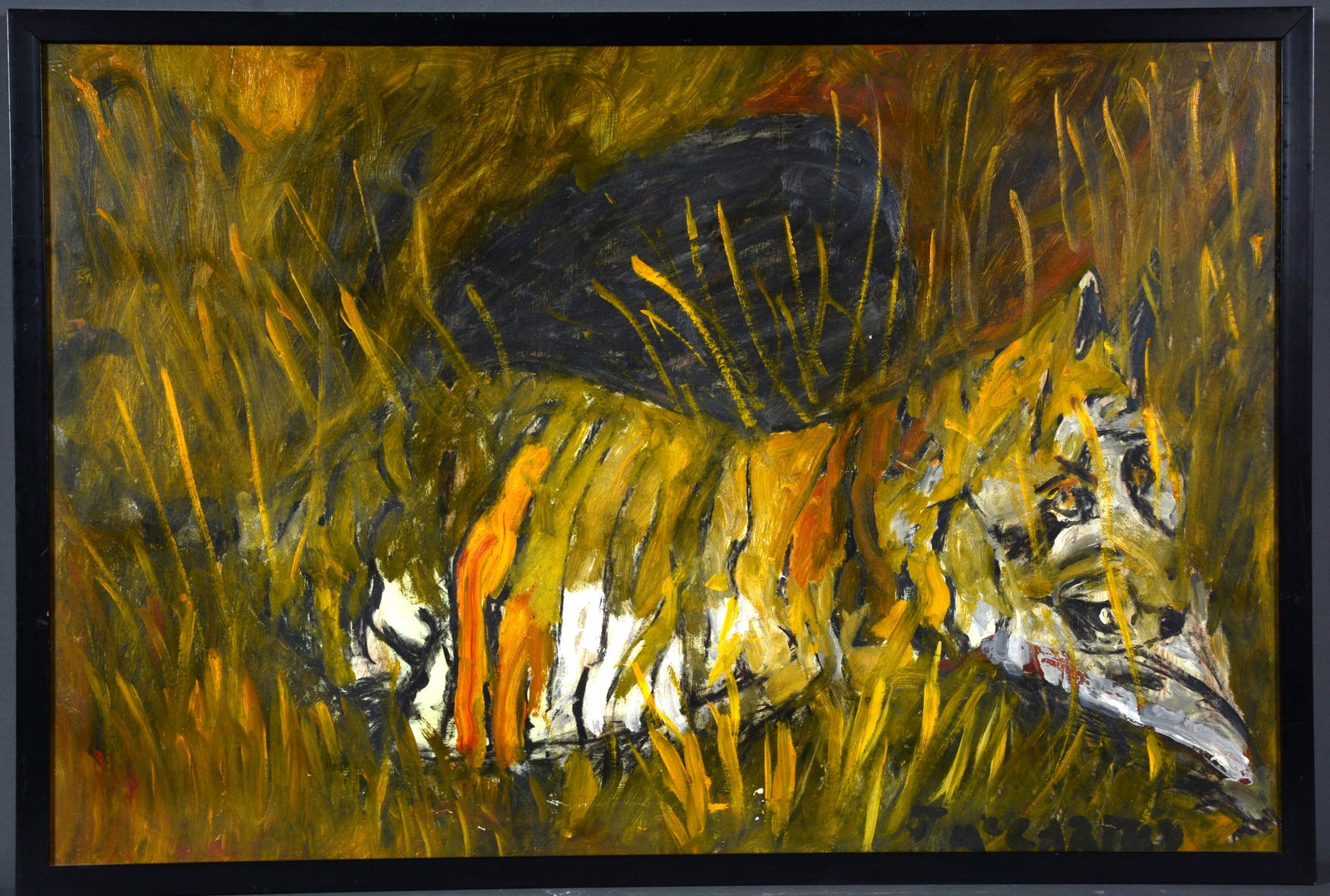 Justin McCarthy. Tiger In The Grass.: Justin McCarthy. Tiger In The Grass. Signed. Not dated. Oil on masonite. Minor rub in middle bottom, otherwise excellent condition. 37” w x 25" h including frame. Provenance: ex. Gitter / Yellen