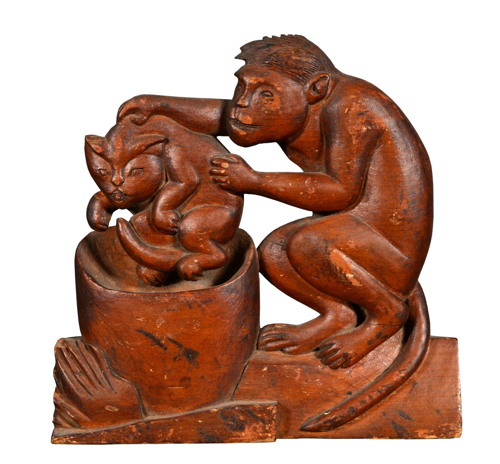 J.M. (State Hospital in Norristown, PA). Monkey & The Cat In Cauldron.: J.M. (Attrib. from State Hospital in Norristown, PA). Monkey and The Cat In the Cauldron. c. 1898. Not signed. Carved and varnished wood. Minor surface wear, otherwise excellent condition. 7” x 