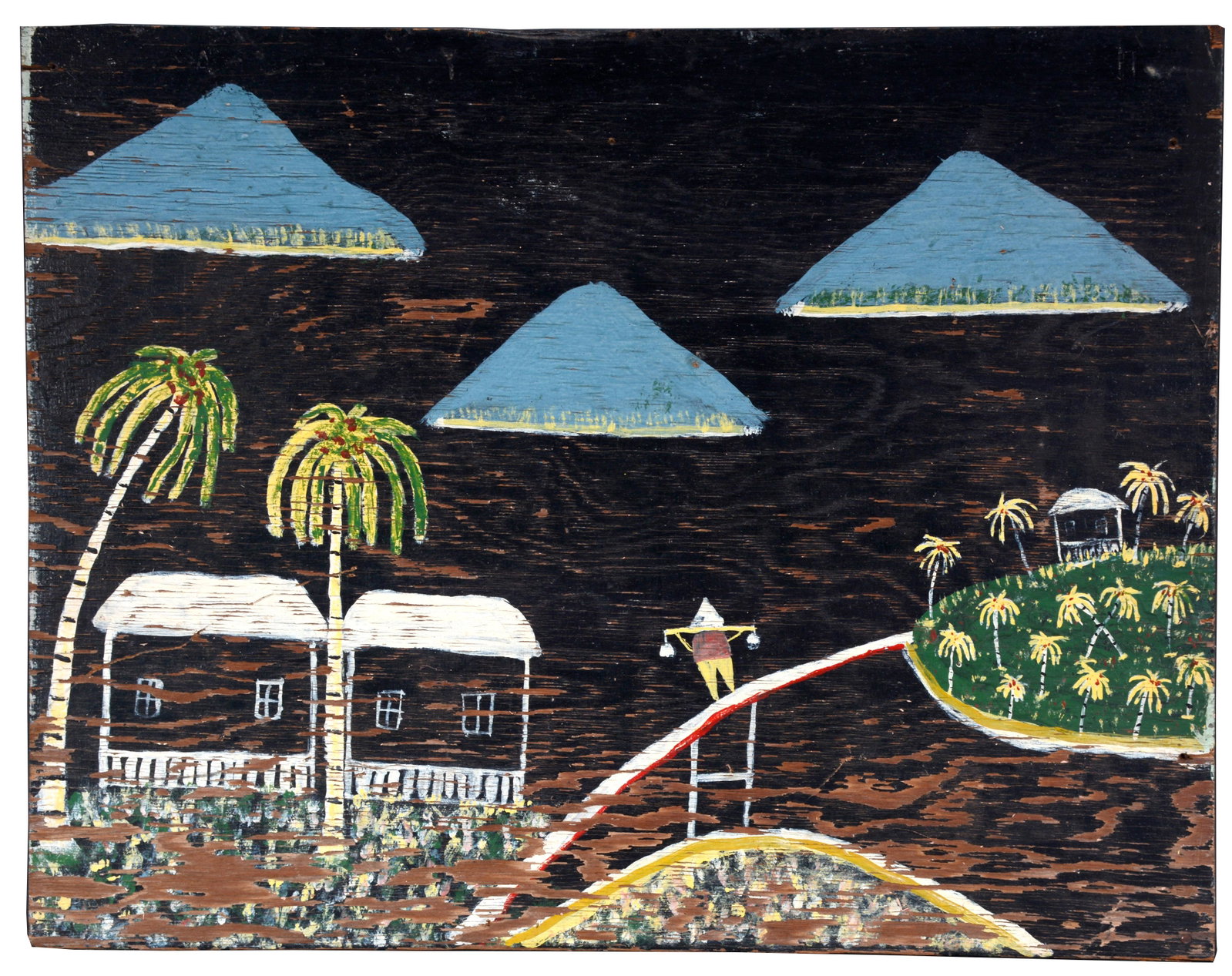 Sanford Darling. Tahitian Village.: Sanford Darling. Tahitian Village. Not signed. Paint on board. Paint loss and wear on lower third. Fair condition. 29" w x 22" h. Est. $600-900. Ship: $65