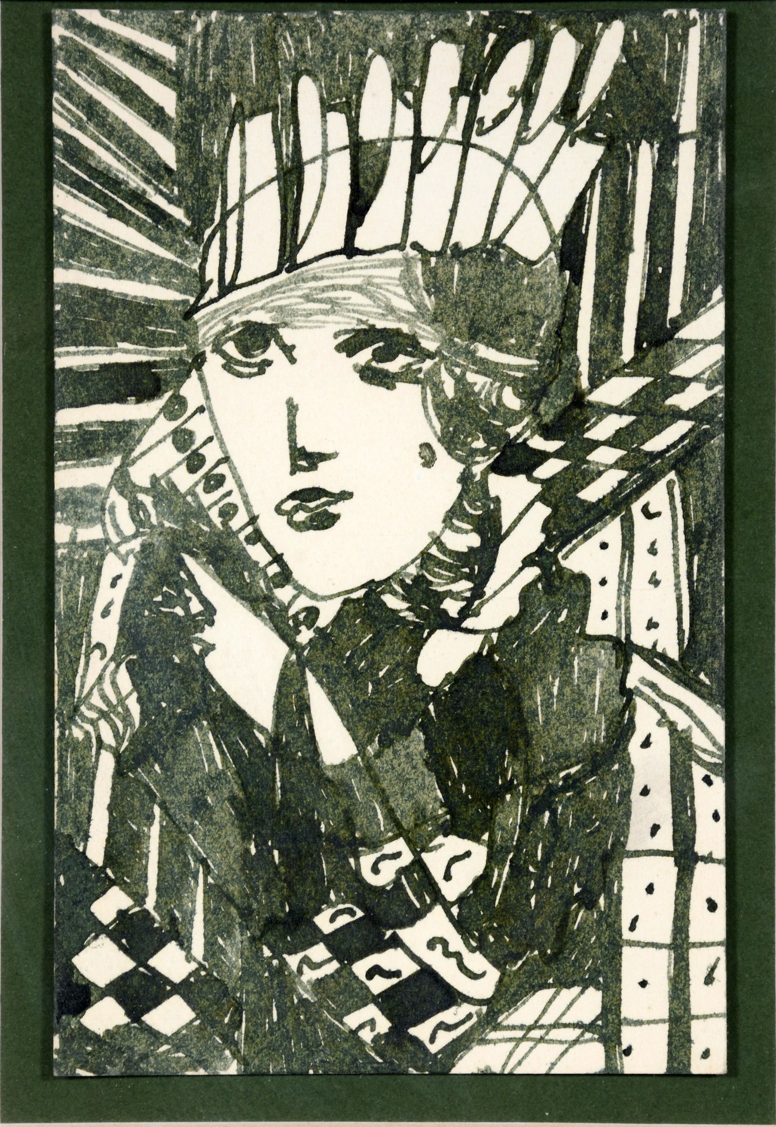 Madge Gill. Woman Wearing Headdress.: Madge Gill. Woman Wearing Headdress. Not signed. Marker and ink on paper. Excellent condition. Image is 3.5" w x 5.5" h. Frame is 8" w x 10" h. Est. $1,000-2,000. Ship: $35