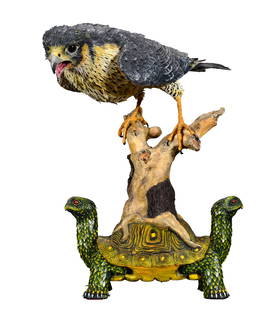 Mark Francis. Hawk Perched on Double-Headed Turtle.: Mark Francis. Hawk Perched on Double-Headed Turtle. Signed. Paper-mache, toilet paper and mixed media. Excellent condition. 16" x 12" x 10". Est. $1,000-1,500. Buyer is responsible for shipping.