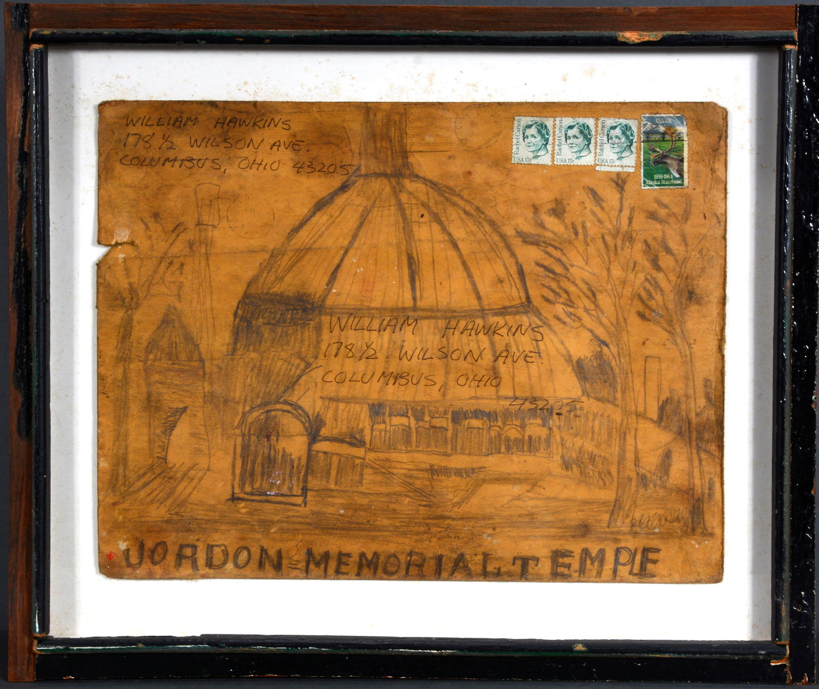 William Hawkins. Jordan Memorial Temple.: William Hawkins. Jordan Memorial Temple. c. 1987. Signed and titled. Graphite on manilla envelope. Darkening on varnish, used envelope that had been sent through the mail. Minor loss to material middl