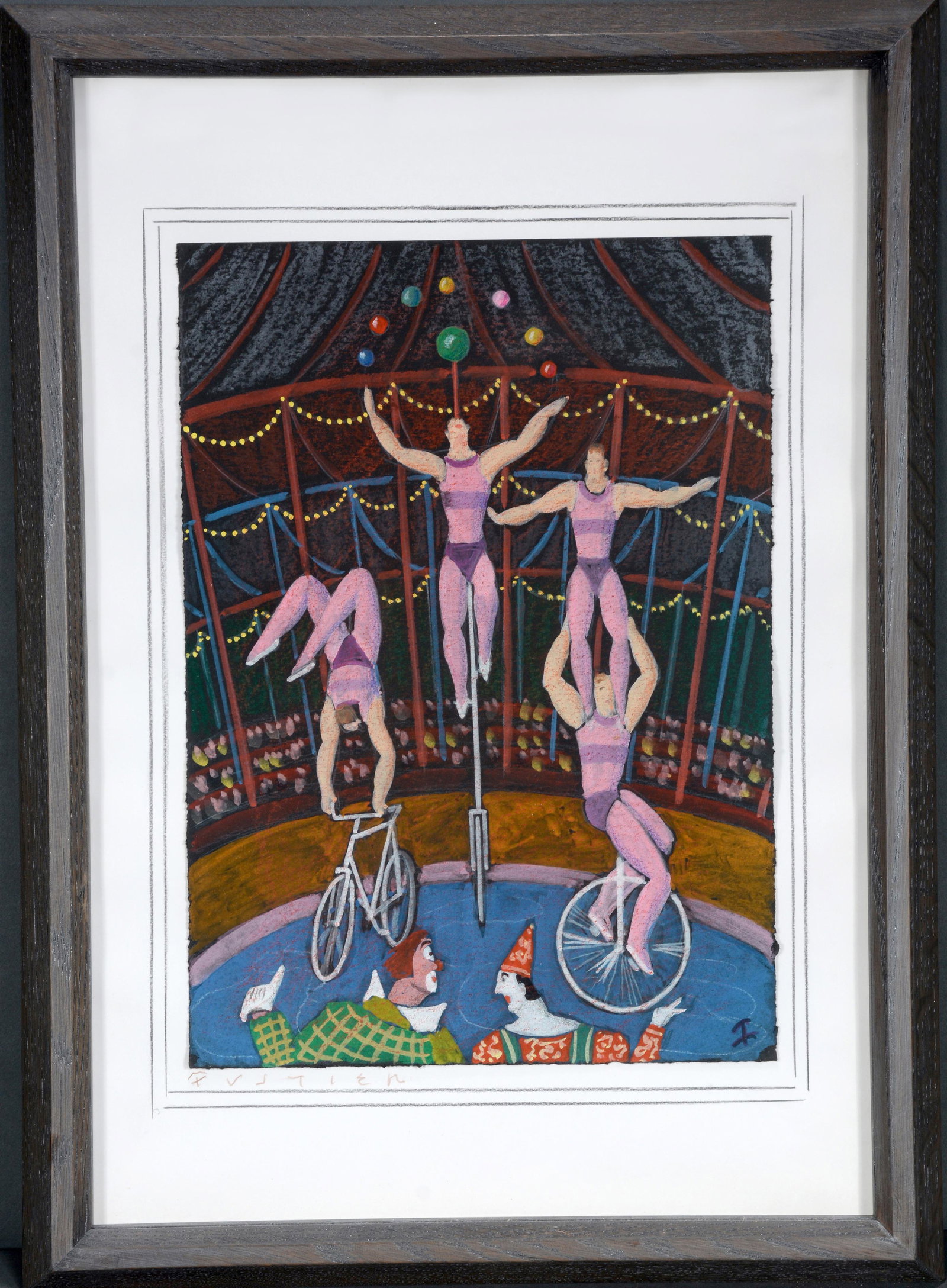 Georges Fustier. Acrobats.: Georges Fustier. Acrobats. Signed. Paint on artist paper. Excellent condition. Image is 10" x 13.5". Frame is 15.5" x 21". Provenance: Barbara & Robert Hunter Collection. Est. $800-1,200. Ship: $45