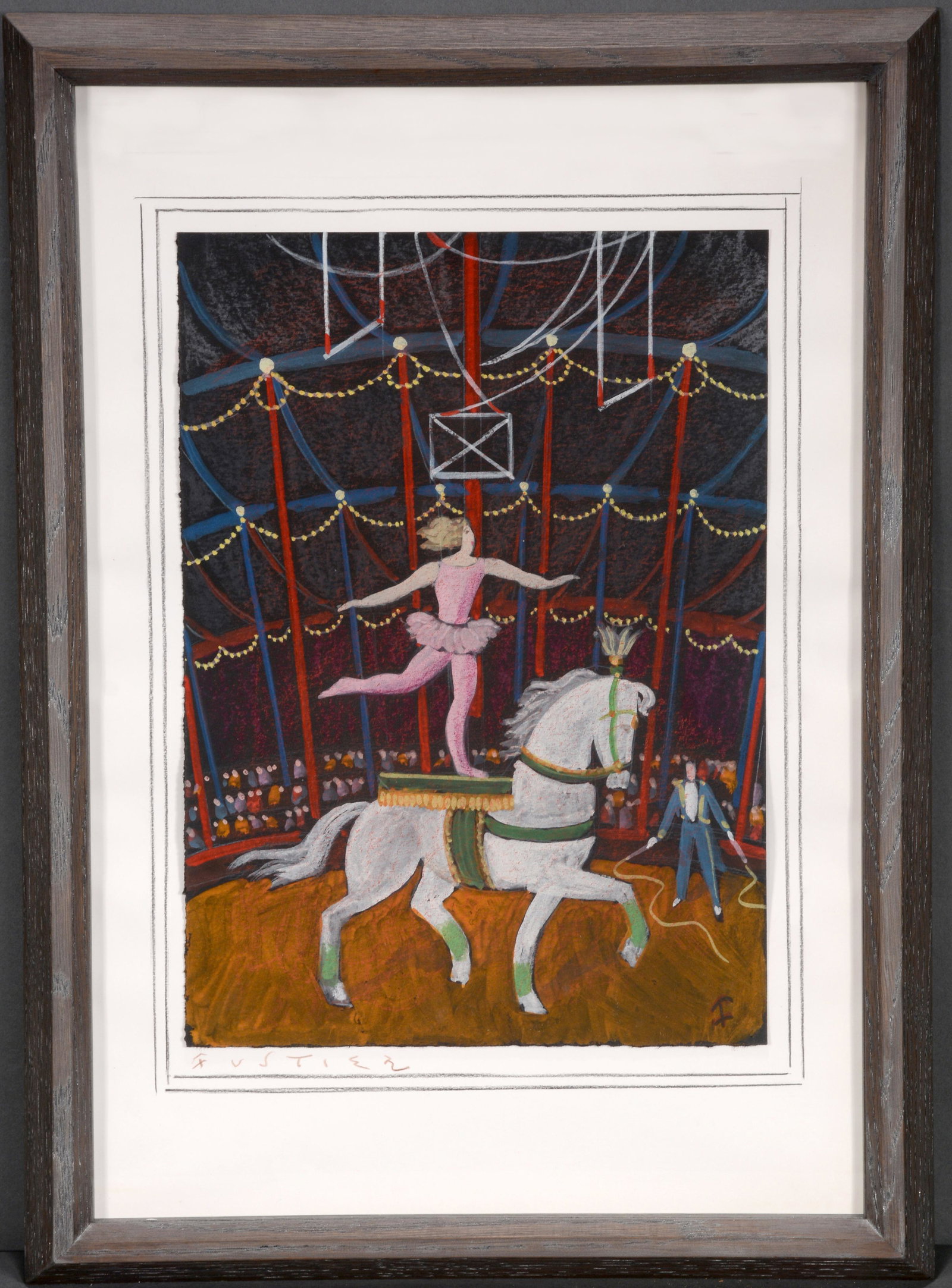 Georges Fustier. Dancer On Horse.: Georges Fustier. Dancer On Horse. Signed. Paint on black artist paper. Excellent condition. Image is 10" x 13". Frame is 15.5" x 21". Provenance: Barbara & Robert Hunter Collection. Est. $800-1,200. S