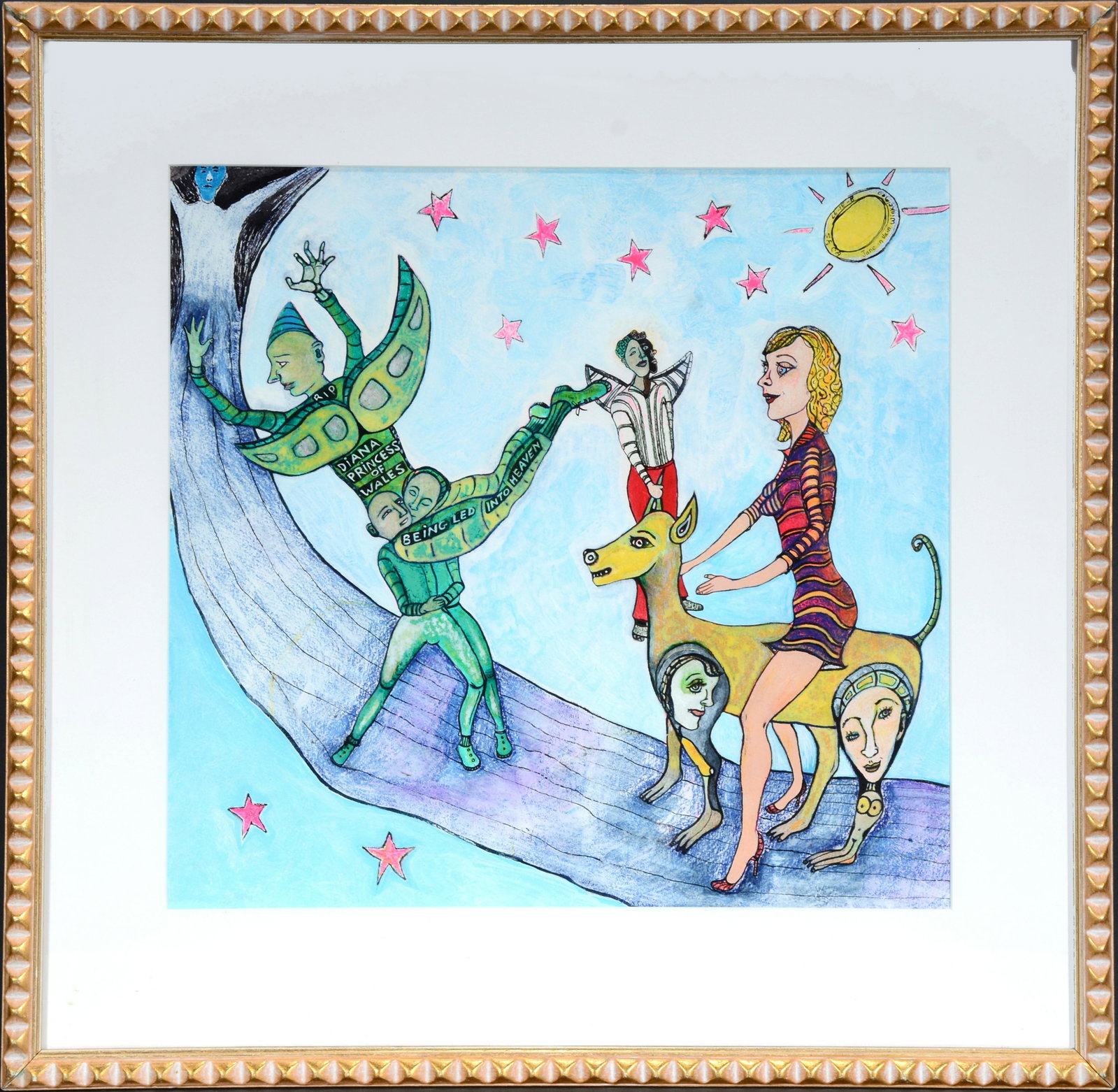 Jane 'In Vain' Winkelman. Princess Di Goes To Heaven.: Jane 'In Vain' Winkelman. Princess Di Goes To Heaven. 1997. Signed, dated and titled. Paint, ink and mixed media on paper. Image is 17" w x 16" h. Frame is 24" w x 23" h. Excellent condition. Est. $80