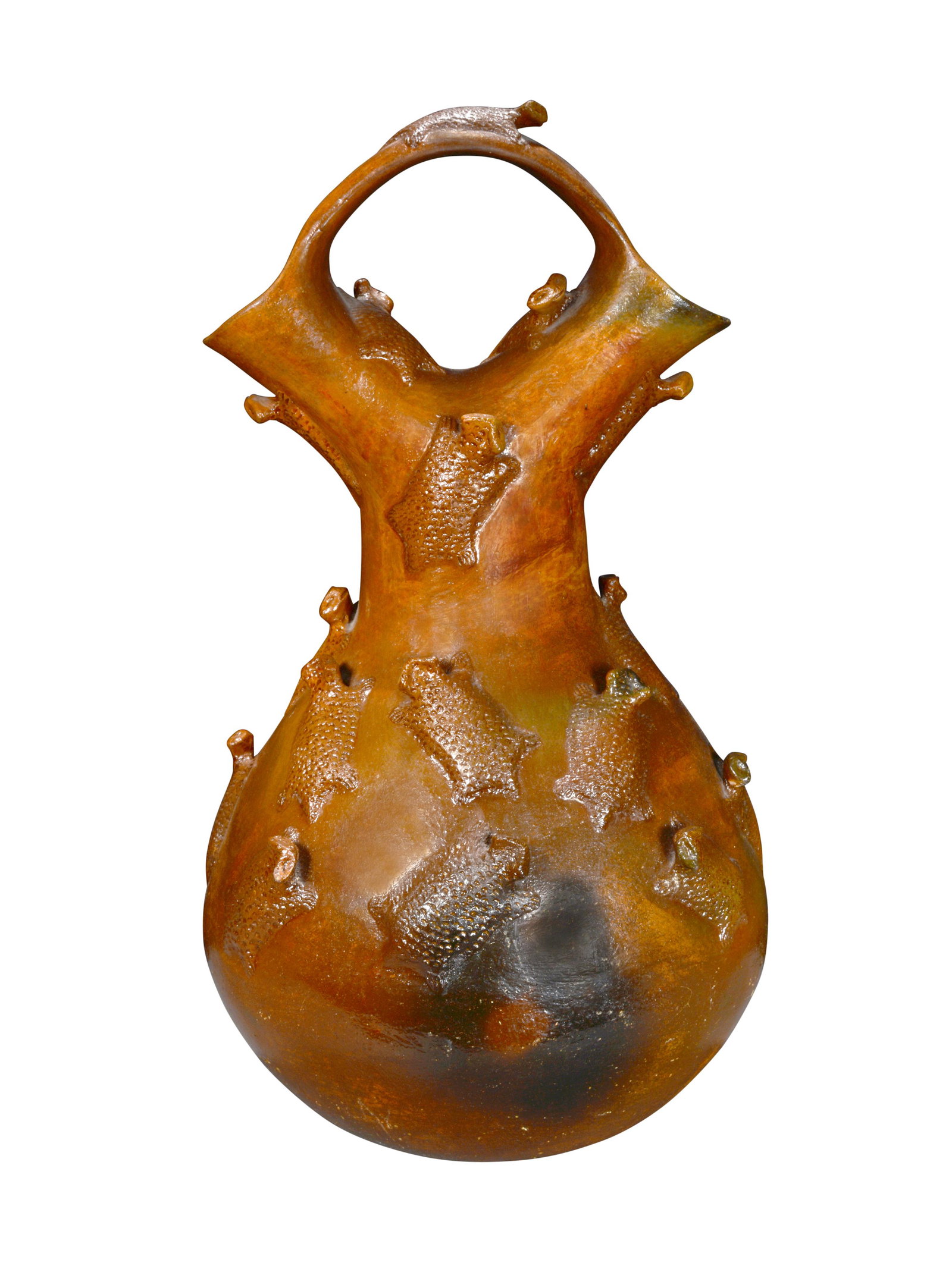 Betty Manygoats. Large Wedding Vase Decorated With Horny Toads.: Betty Manygoats. Large Wedding Vase Decorated With Horny Toads. Navajo. Initialed. Fired clay with varnish. 21" h x 12" diameter. Minor surface wear, otherwise excellent condition. Provenance: The Jet