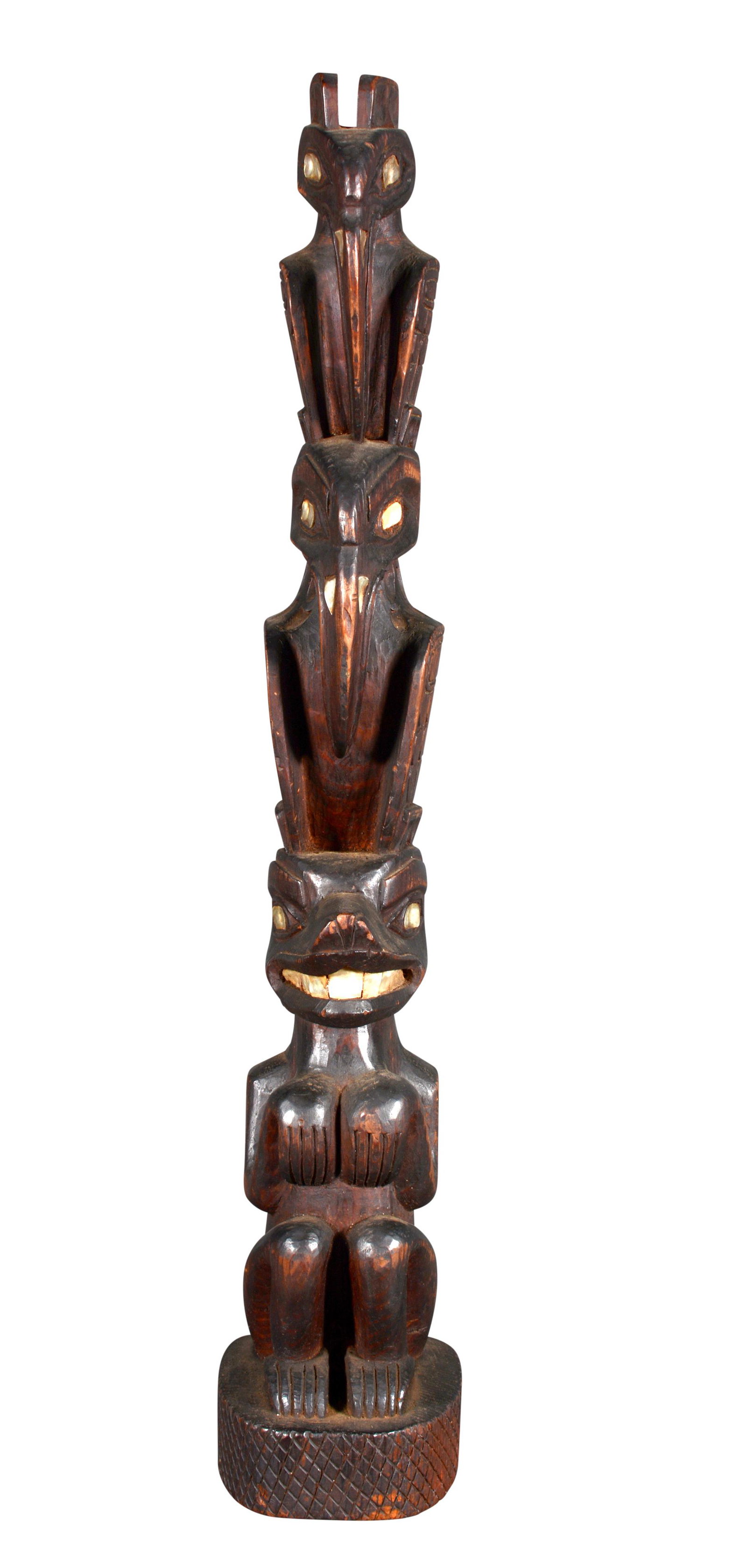 Northwestern Native American Three Figure Totem.: Anonymous Northwestern Native American Three Figure Totem. Not signed. Carved wood and stained with mother of pearl inlaid eyes and teeth. Excellent condition. 20" x 4" x 3". Est. $300-500. Ship: $45