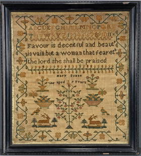 Mary Evans (age 9). Sampler With Alphabet, Quote, Flowers, Deer.: Mary Evans (age 9). Sampler With Alphabet, Quote, Flowers, Deer. Signed, not dated. Thread on cloth. Excellent condition. Image is 12.5" w x 14.5" h. Frame is 15" w x 16.5" h. Est. $800-1,200. Ship: $