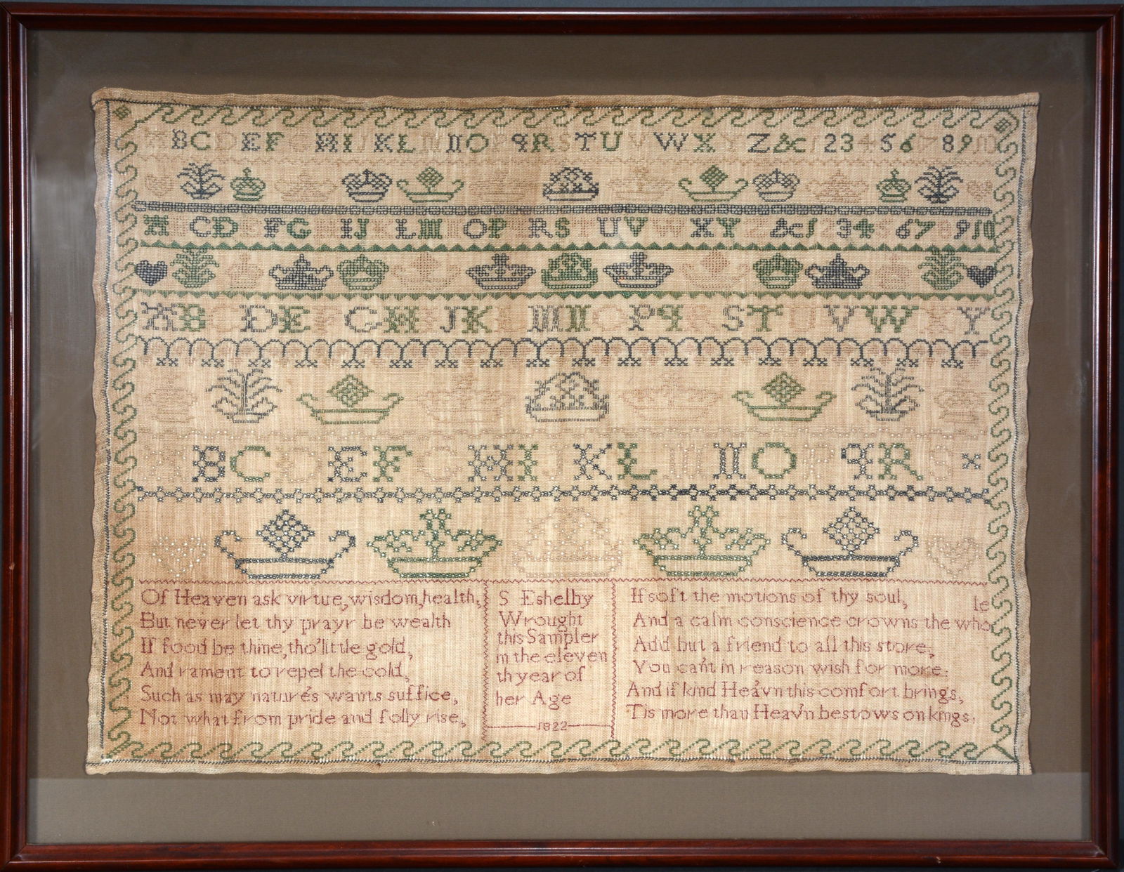 S. Eshelby. English Sampler.: S. Eshelby. English Sampler. 1822, Age 11. Thread on cloth. Expected aging, otherwise excellent condition. 25" x 19" with frame. Est. $200-400. Ship: $55