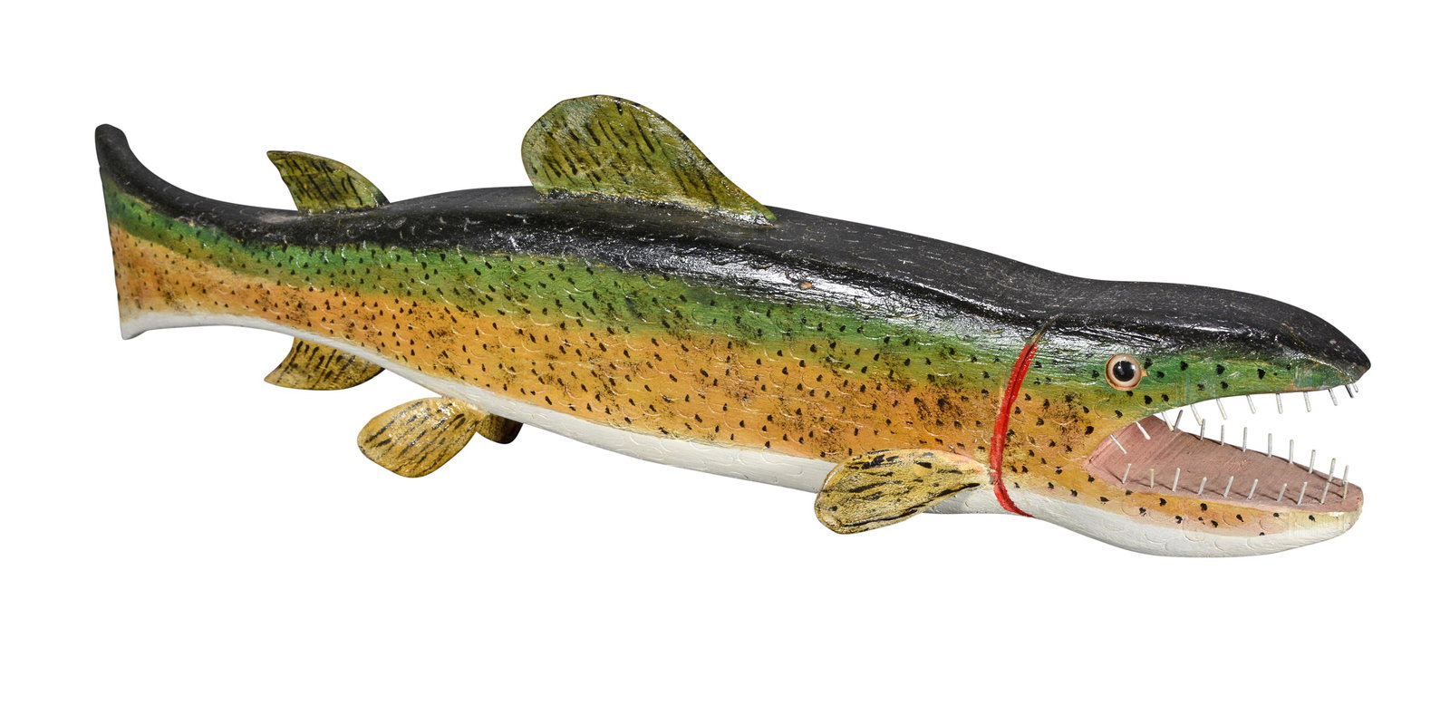 Miles Smith. Brook Trout With Teeth.: Miles Smith. Brook Trout With Teeth. Not signed or dated. Carved and painted wood with metal teeth and glass eyes. Excellent condition. 31" x 8.5" x 6". Est. $300-500. Ship: $85