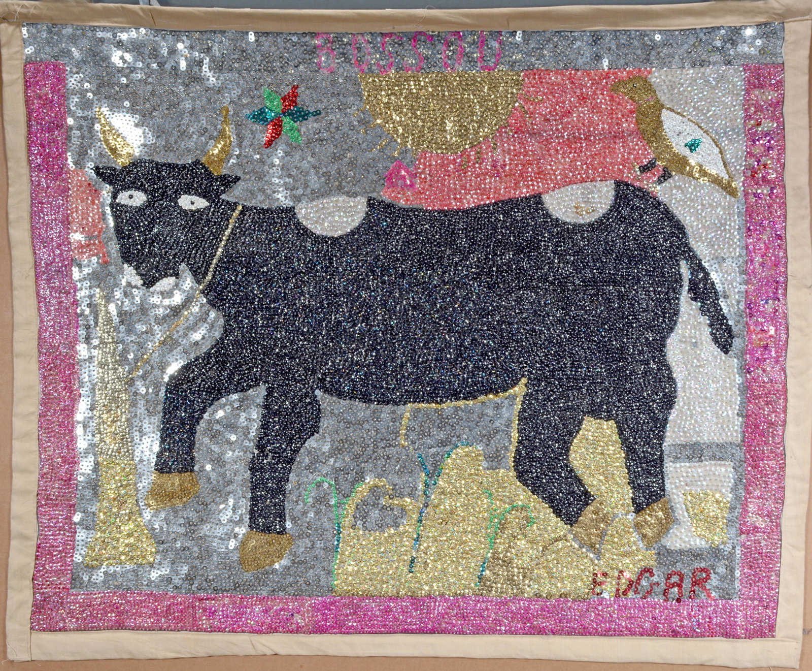 Edgar. Bossou.: Edgar. Bossou. Signed and titled. Heavy sequins backed to cotton. Excellent condition. 41" x 33". Est. $400-600. Ship: $45 (rolled)
