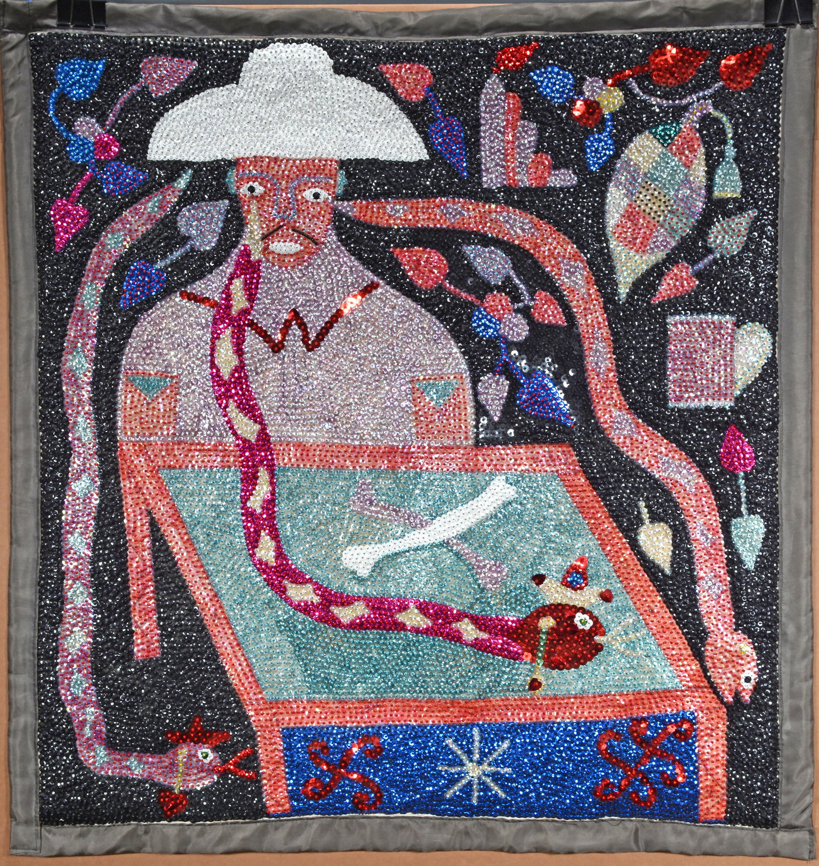 Haitian Artist. Voodoo Ceremony With Bones and Snakes.: Anonymous Haitian Artist. Voodoo Ceremony With Bones and Snakes. Not signed or titled. Heavily sequined backed to rayon. 33" x 35". Est. $400-600. Ship: $45 (rolled)