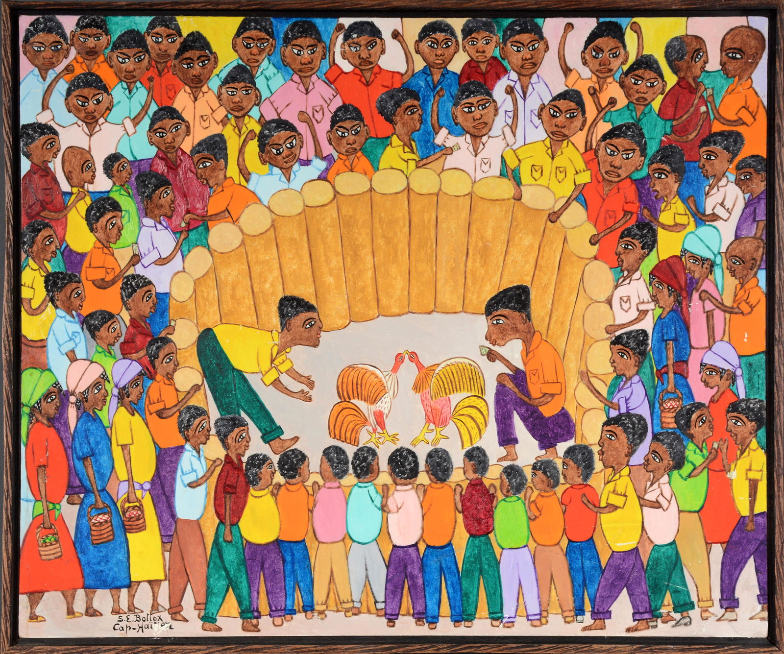 Seymour Etienne Bottex. Cockfight.: Seymour Etienne Bottex. Cockfight. c. 1960s. Signed. Oil on masonite. Rub at name, lower right and scratch lower right and minor paint loss middle right. Frame is 21" w x 25" h. Est. $300-500. Ship: $