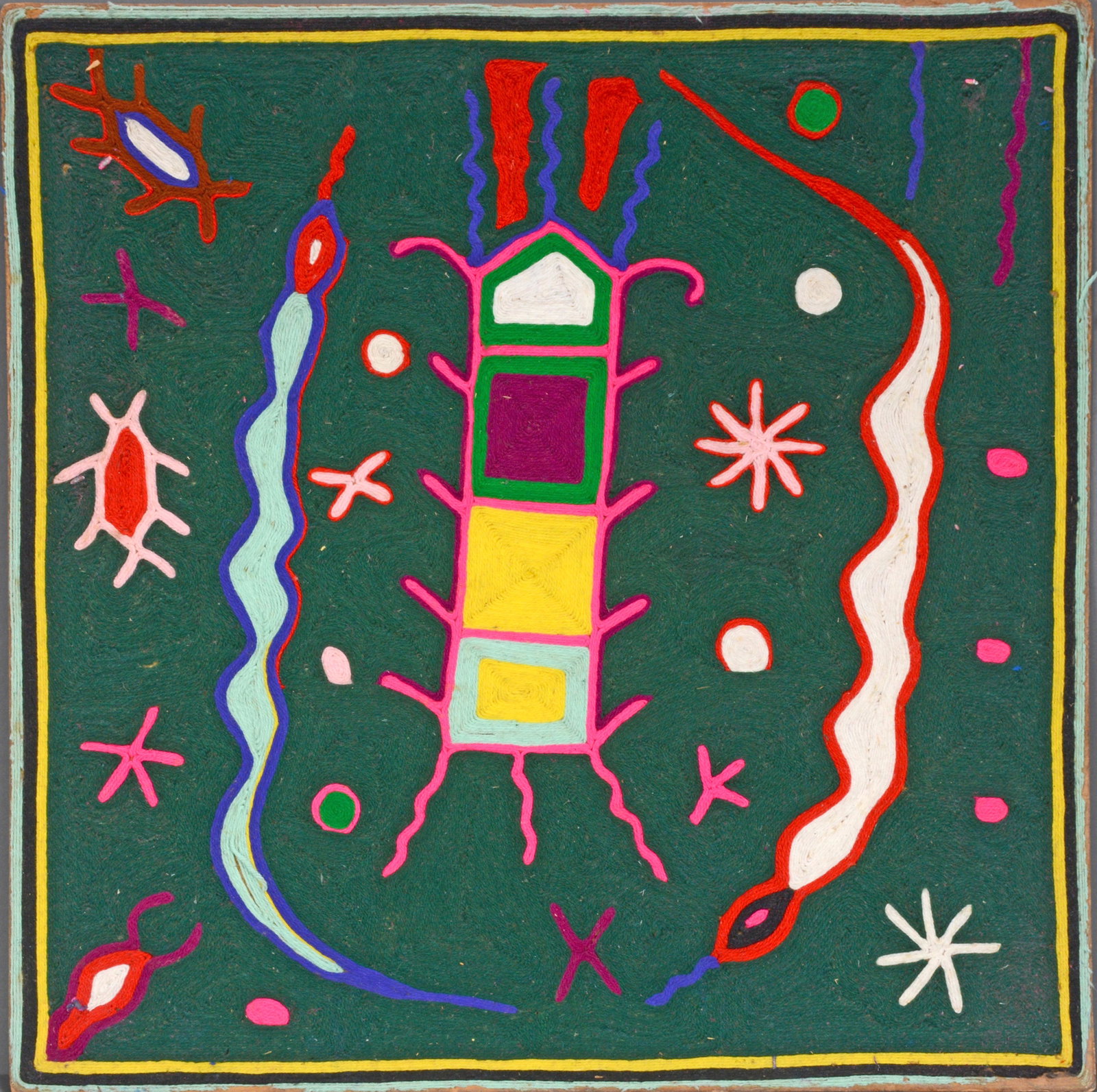 Huichol Indians. Night Snakes.: Huichol Indians. Night Snakes. Yarn and beeswax on board. Minor wear and loss on edges, otherwise good condition. 23.5" x 23.5". Est. $200-300. Ship: $55