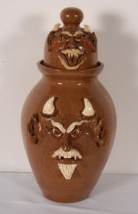 Sandy Cole Devil Cookie Jar w Devil Lid.: Devil Cookie Jar with Devil Lid. Signed and dated, 2004. 15.5h. Mint condition. Est. $200-300. Ship: $65"