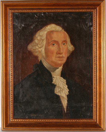 George Washington Portrait.: George Washington. Oil on canvas. c. 1800's. Painting has been re-lined and backed to masonite. A few miner early primitive repairs. Canvas has pulled away from backing at top and bottom. Varnish is s