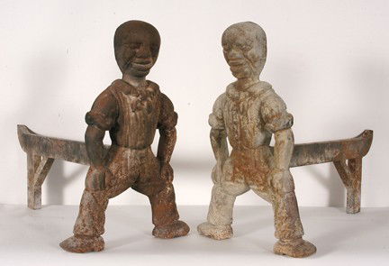 Afro American Sailor Boys Anirons.: Afro American Sailor Boys. c. early 1800's. Metal drop in fireplace andirons 17.5"h x 22"long each. Excellent condition. One-family owner from Aiken, SC. Est. $1,000-2,000. Ship: $75