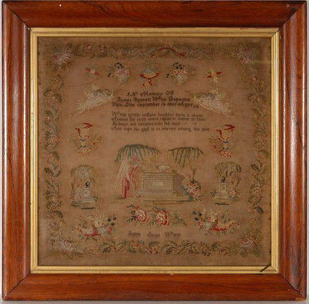 Sophia Lucas Worck Memory Sampler, 1855.: In Memory Of James Bennett, c. 1855. Embroidered on cloth. Some aging of materials and thinning where cloth was stretched, otherwise great condition. 25" w x 24"h. Frame is 32" w x 32", appears to be