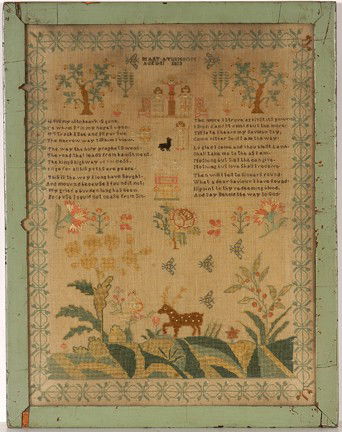 Mary Atkinson Jesus Sampler, 1813.: Jesus On the Cross Sampler, 1813, age 11. Premier example. Beautiful details, biblical verses, elk, rolling pasture. Hand-stitched on fabric. Pristine details. Slight aging of the materials, very appr