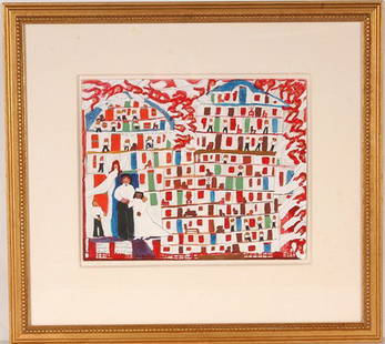 Sister Gertrude Morgan Lamb Bride.: New Jerusalem -The Lamb Bride. Paint and ink on paper. Signed and titled on front. Photo of Morgan and info on verso. Very strong colors and imagery. 14.5" w x 11.5" h image. Archival frame is 24" w x