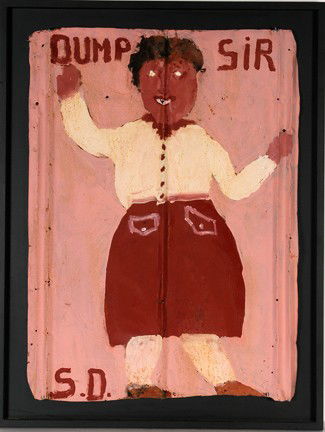 Sam Doyle Dump Sir.: Dump Sir. Paint on roofing tin. c. 1982-85. Initialed lower left. Image is 27" w x 37"h. Frame is 32" w x 42"h. Some minor rust on tin, otherwise excellent environmental condition. Dump Sir documents