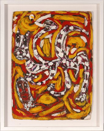 Thornton Dial Tiger Pouncing On Nude.: Tiger Pouncing On Nude Lady. Paint on artist paper with 3-dimensional elements. Great thick texture built up with paint. Bright colors. 22" x 30" h, image. Nice shadow box frame, 29" w x 36"h. Est. $3