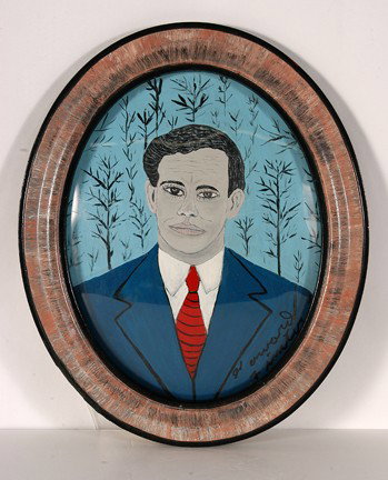 Howard Finster Portrait of A Man.: Portrait of A Man. Paint over old family photo. A friend brought the faded photo of his father to Howard to paint over. After Howard had finished the work, the friend didn't like it because he said it