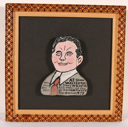 Howard Finster A.J. Show Walter, #638.: A.J. Show Walter, #638. Paint on plaster. Signed, numbered and dated, 1977. Very early work. Image is 5 x 6" x 1". Artist wood-burned frame is 12" x 12" x 2". There is a little paint loss around the e