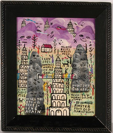 Howard Finster Don't Put God Off, #7,804.: Don't Put God Off, #7,804. Tractor enamel on masonite. Signed and dated, Feb. 13, 1988. 8.5"x 10"image, Frame is 11" x 13". Excellent condition. Est. $1,000-1,500. Ship: $35