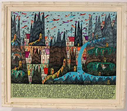 Howard Finster World Is Clost To Being Free.: The World Is Clost To Being Free, #17,513 (sic.). Marker and paint on board. Signed, numbered and dated, Jan. 8, 1991. Size with frame is 28"x 24"h. Mint condition. Provenance: Phyllis Kind Gallery. E