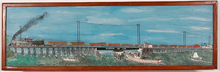 Frog Smith Log Train Crossing Water Way.: Log Train Crossing Water Way. Paint on wall paneling. Great details like the alligator in the water and the boat tied up waiting for the train to pass. Signed. Excellent condition. 61"w x 19.5"h with