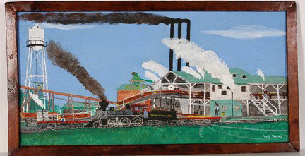 Frog Smith Working Lumber Mill.: Working Lumber Mill. Paint on panel. 34"w x 18"h with artist frame. There appears to be a faint white spill or drip on left lower corner. This could actually be white paint when the artist created the