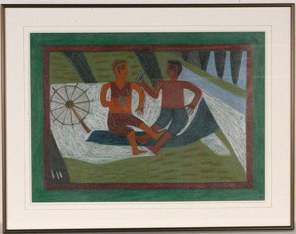 Eddie Arning Couples' Summer Day.: Couples Summer Day Near Rivers Edge. Craypas on paper. Image is 22" x 16". Frame is 27.5"w x 21.5" h. Excellent condition. Est. $2,000-3,000. Ship: $65