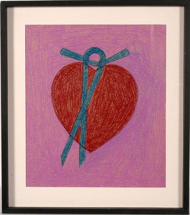 Eddie Arning Red Heart.: Red Heart with Ribbon, #199. Craypas on paper. Excellent condition. Image is 16 x 18". Frame is 21"x 23". Est. $1,000-2,000. Ship: $45"