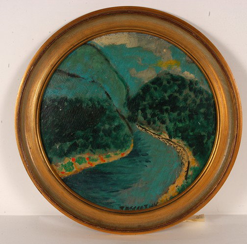 Justin McCarthy Delaware Watergap.: Delaware Watergap.Acrylic with varnish on plywood. Signed and dated (but no date given). Excellent condition with some crazing. 21.5"diameter. Est. $1,000-2,000. Ship: $40