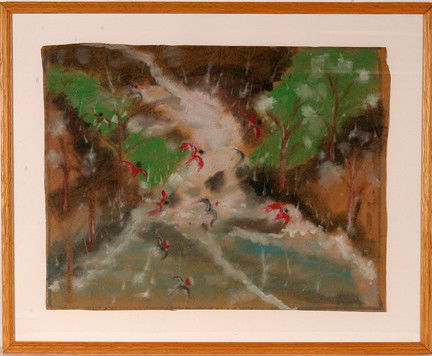 Sybil Gibson a Walk To the Mine.: A Walk To the Mine Midst Rain, Lightning and Red Birds. Watercolor on brown paper. Signed and dated, 1974, on back with typed letter explaining the meaning of the painting. Excellent condition. Image