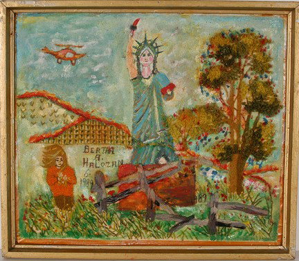 Bertha Halozan Self Portrait As a Young Girl.: Self-Portrait As A Young Girl With The Statue of Liberty. Signed and dated, 6/1989. Oil on artist board with old-time needle and hooking work, glitter on canvas backed by board. 19.5" x 17"h with arti