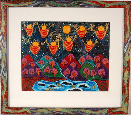 Sarah Rakes Above The Mountain.: Above The Mountains. Oil on canvas paper. Signed and dated, 1997. 21" x 19" including artist decorated frame. Signed. Est. $400-600. Ship: $45