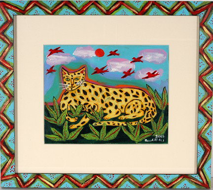 Sarah Rakes Red Birds and Yard Cat.: Red Birds and Waiting Yard Cat. Acrylic on paper. Signed and dated, 2010. Excellent condition. Size with artist decorated frame, 17" w x 15" h. Est. $200-300. Shp: $35