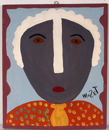Mose Tolliver Style Portrait In Blue.: Portrait In Blue. Paint on found and used board. Signed. Excellent environmental condition. 13" w x 24"h. Est. $400-600. Ship: $45 * Several experts have contacted us about the possibility that this p