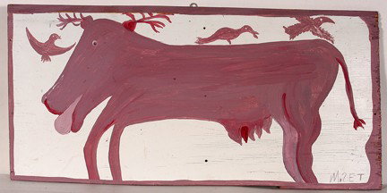 Mose Tolliver (attributed) Deer With Antlers.: Deer With Antlers. c. 1980's. Paint on found and used board. Signed. Excellent environmental condition. 33"x 16". Piece includes affadavit from Buddy Mitchell who purchased the piece directly from Mos