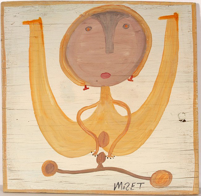 Mose Tolliver (attributed) Moose Lady.: Moose Lady. c. 1986. Paint on found board. Signed. Excellent environmental condition. Piece includes affadavit from Buddy Mitchell who purchased the piece directly from Mose T. Est. $300-500. Ship: $3