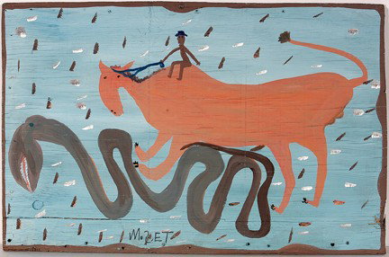 Mose Tolliver (attributed) Mose Riding Rodeo Bull.: Mose Riding Rodeo Bull. c. 1990's. Paint on found and used board. Signed. Excellent environmental condition. 28" x 18". Piece includes affadavit from Buddy Mitchell who purchased the piece directly fr