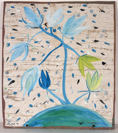 Mose Tolliver (attributed) Japanese Lily.: Japanese Lily. c. 1980's. Paint on found board. Signed. Excellent condition. 19" x 22". Excellent environmental condition. Est. $400-600. Ship: $45 * Several experts have contacted us about the possib
